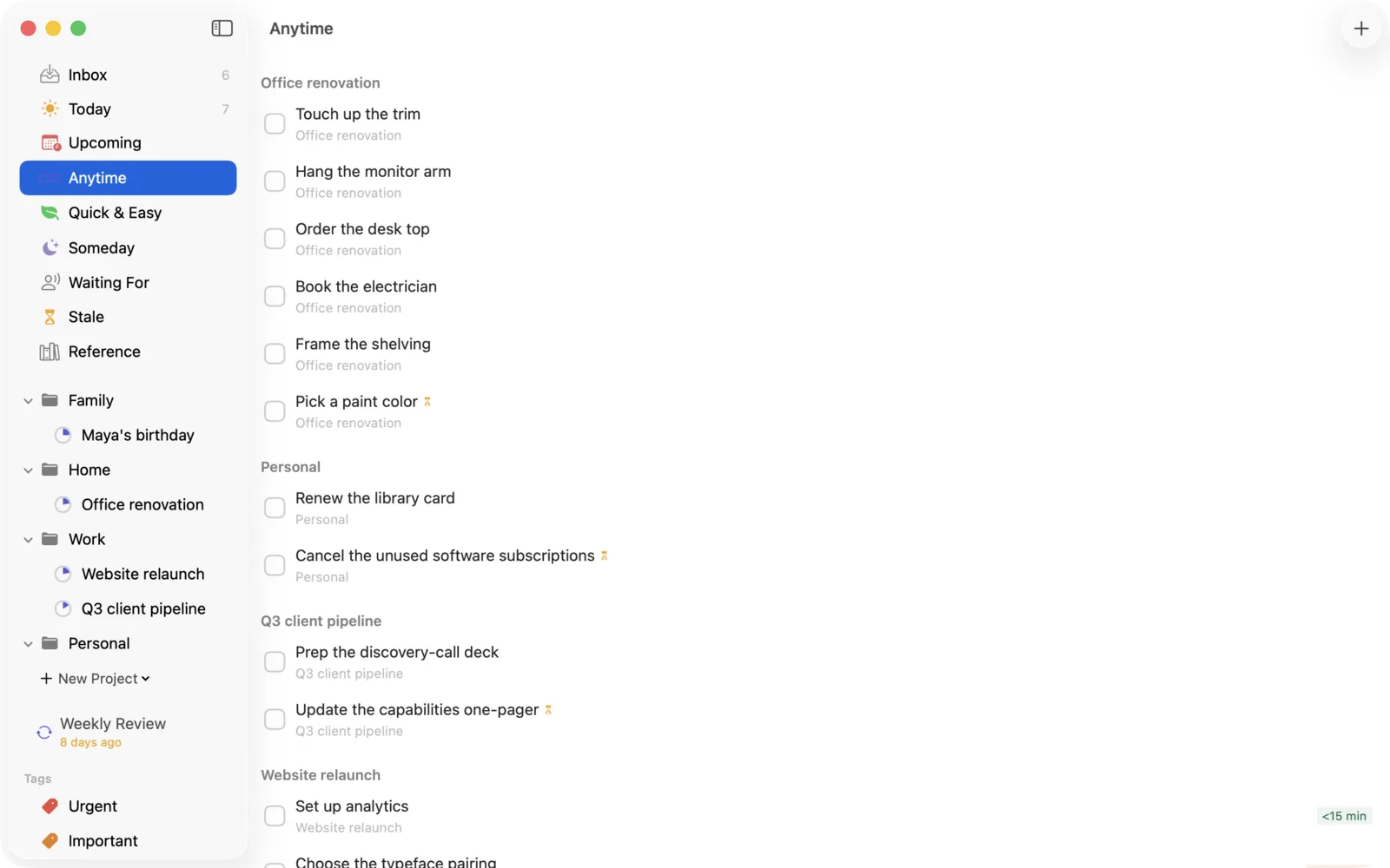 The Anytime view grouped by project, with hourglass markers on the tasks that have gone stale.