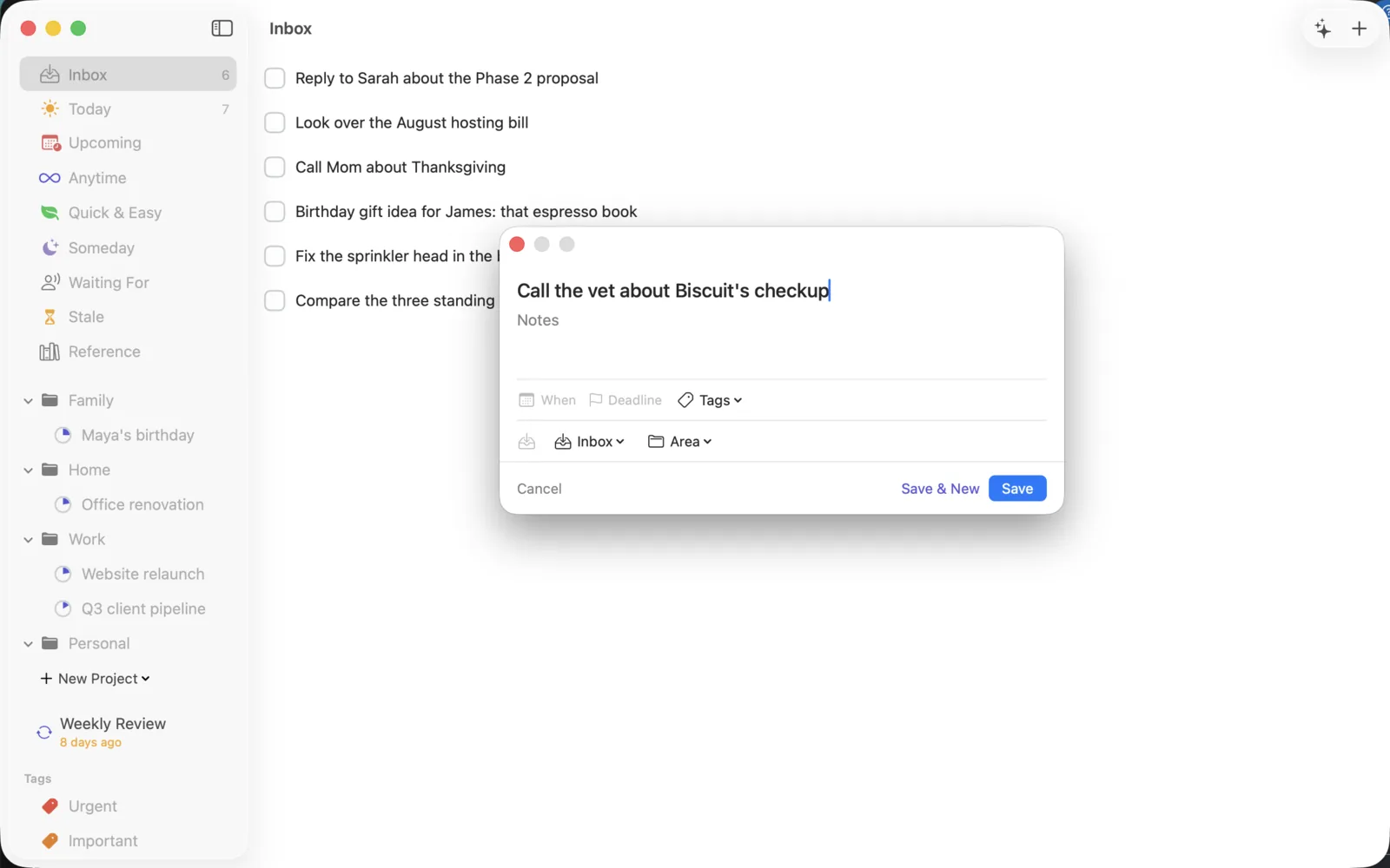 The Quick Entry panel floating over the Inbox with a task typed in and When, Deadline, Tags and destination controls.