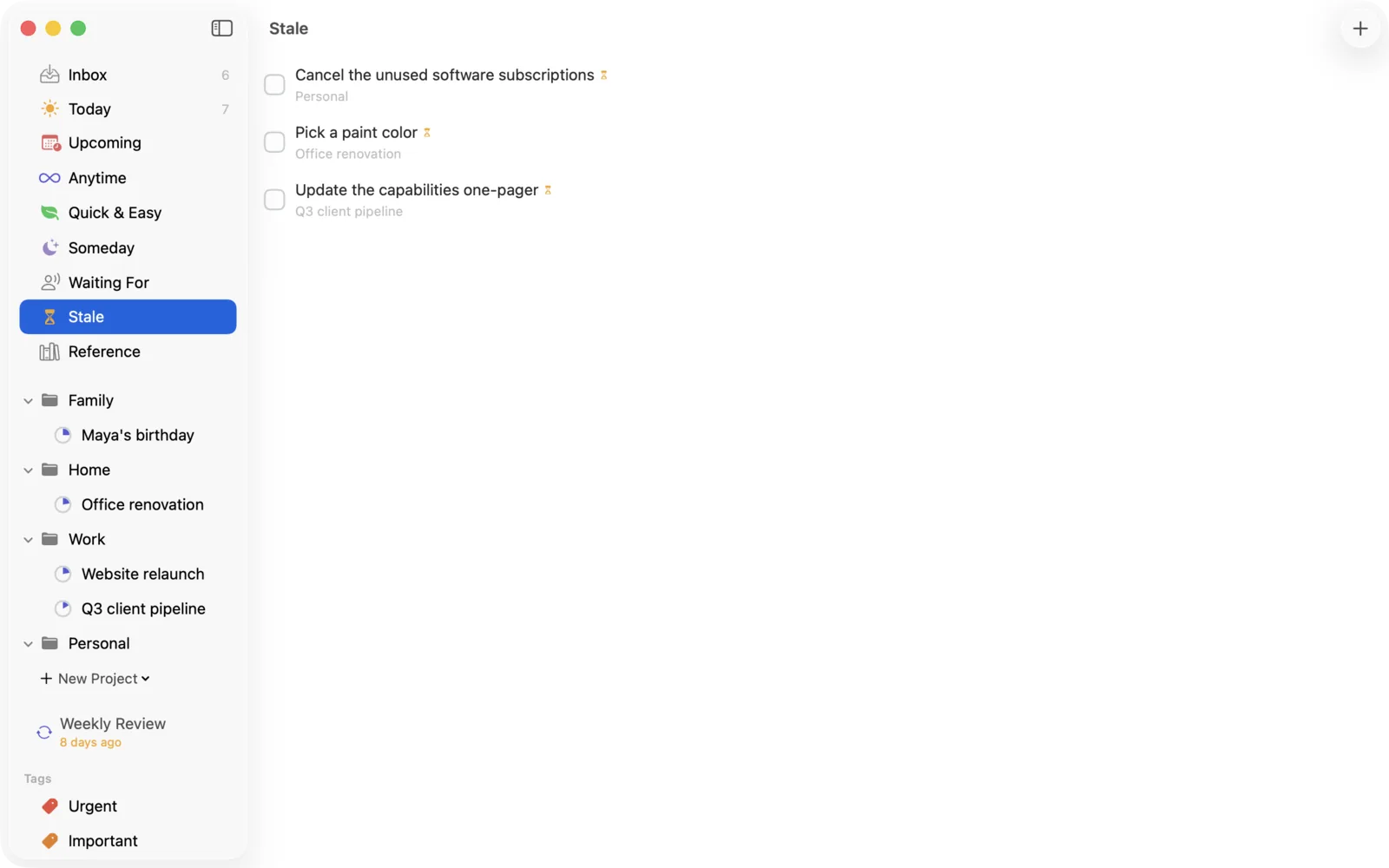 The Stale view: three tasks untouched for over a week, each marked with an hourglass, waiting for a decision.