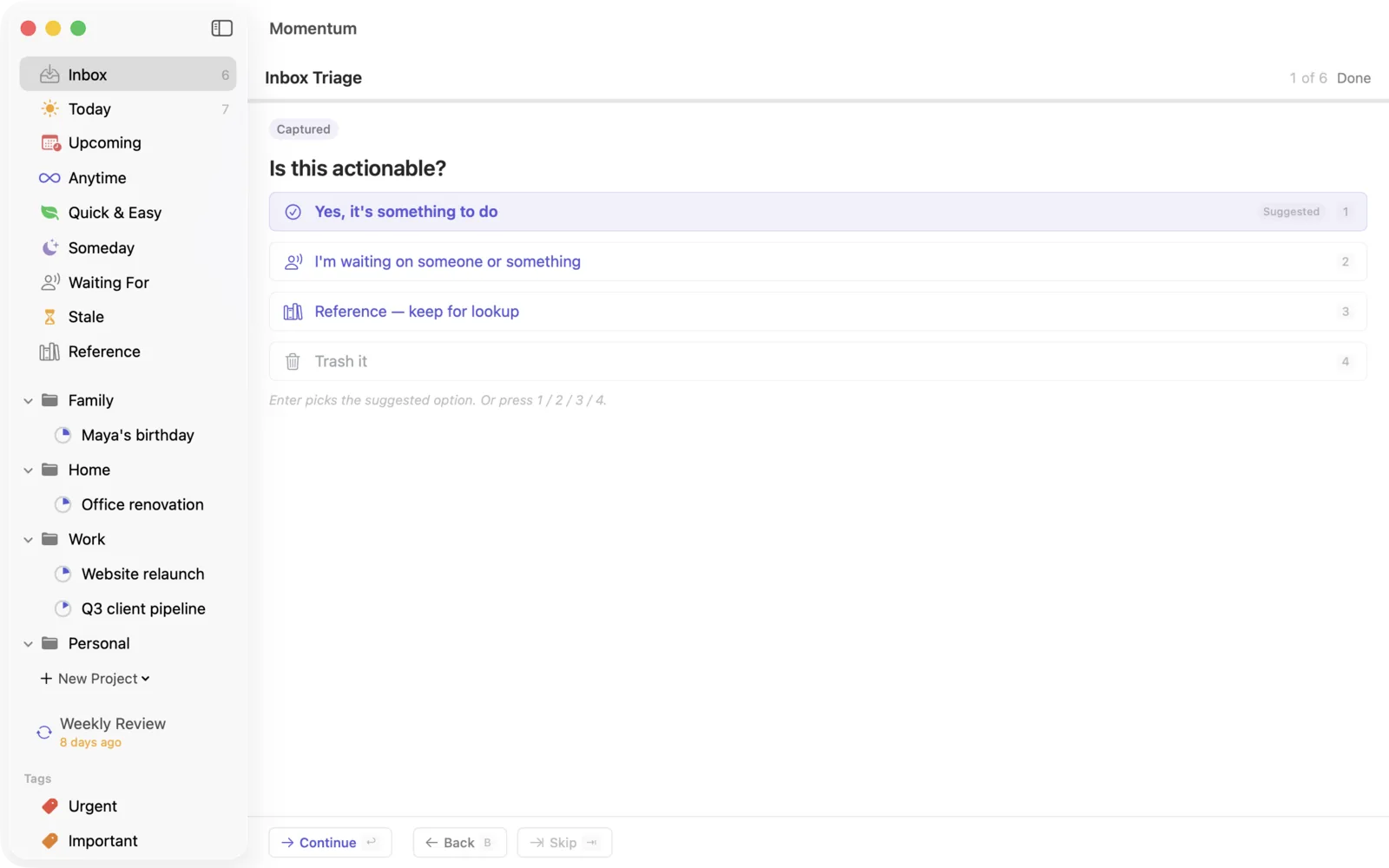 Inbox Triage asking whether an item is actionable, with the suggested answer highlighted and a number key on each option.